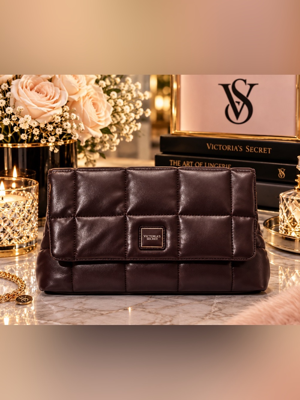 ✨ NEW ✨ VS Pink Puffer Brown Quilted Clutch ✨